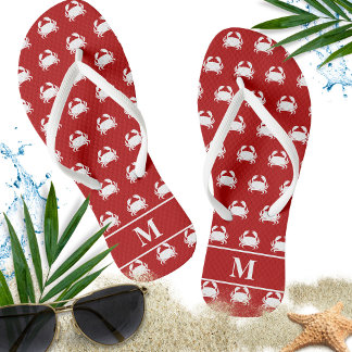 Red and White Crab Pattern Nautical Personalise Thongs