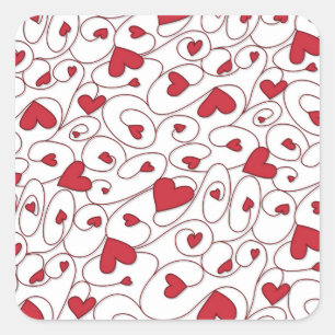 Red and white curly hearts square sticker