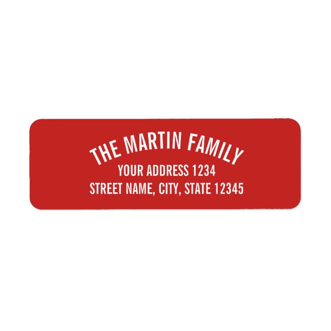 Red and White Curved Bold Text Return Address Label (Front)