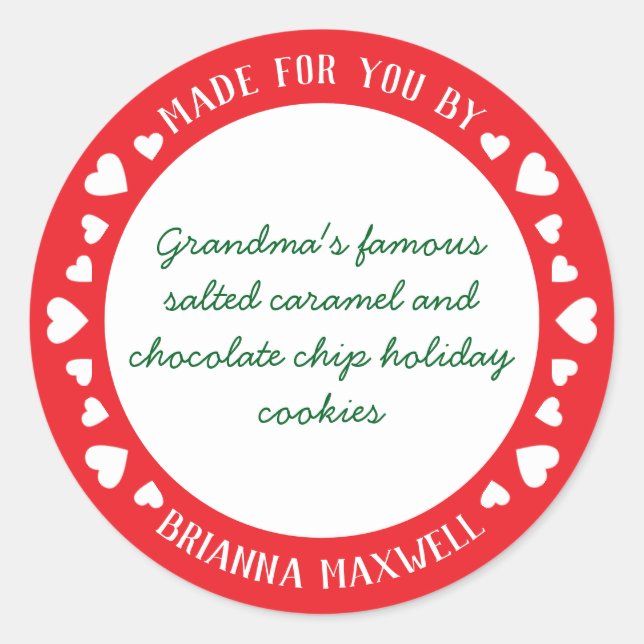 Red and White Cute Hearts Made with Love Treats Classic Round Sticker (Front)