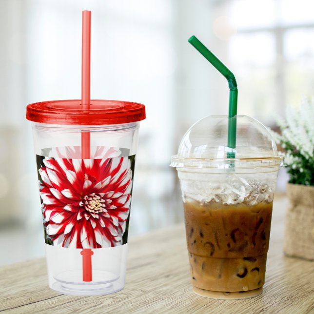 Red and White Dahlia Floral Acrylic Tumbler (In Situ)