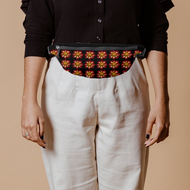 Red and White Dahlia Floral Pattern on Black Bum Bags (In Situ)