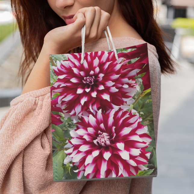 Red and White Dahlias Floral Medium Gift Bag (In Situ)