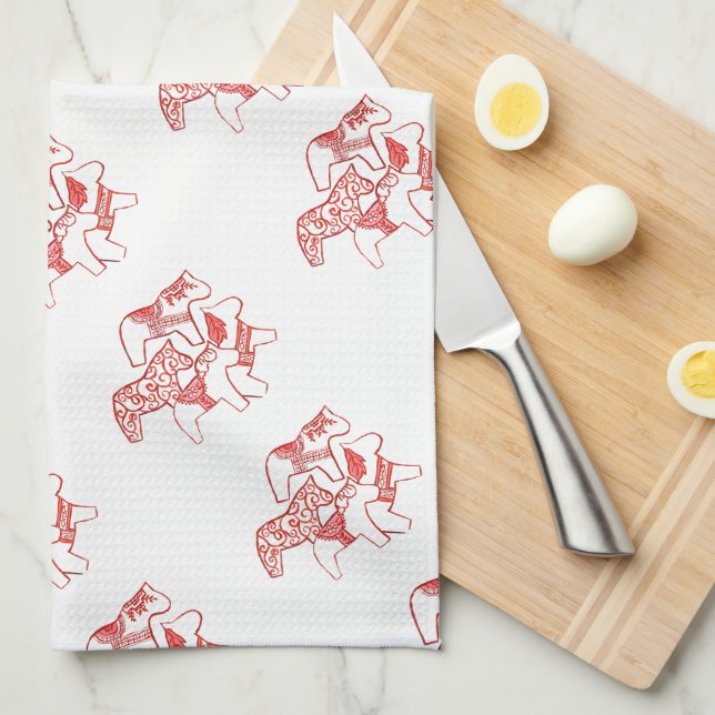Red and White Dala Horses  Kitchen towel (Quarter Fold)