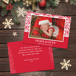 Red and White Damask Christmas Photo Holiday Card