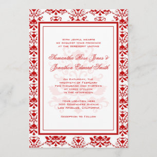 Red and White Damask Elegant Wedding Invitation