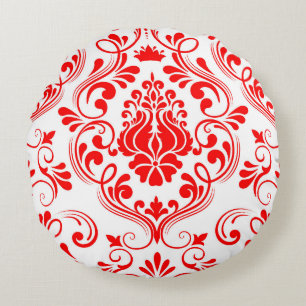 Red and White Damask Floral Elegant Pattern Round Cushion
