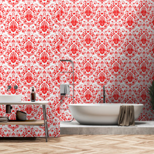 Red and White Damask Floral peel and stick Wallpaper