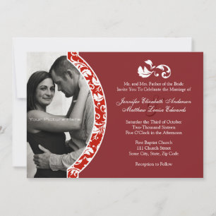 Red and White Damask Photo Wedding Invitation