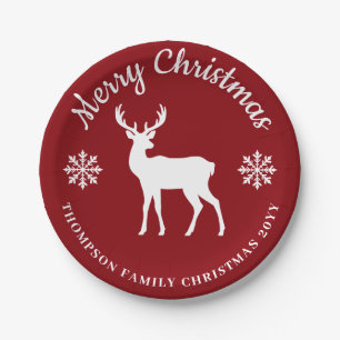 Red And White Deer And Snowflakes Christmas Party Paper Plate