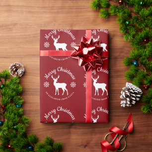 Red And White Deer And Snowflakes Merry Christmas Wrapping Paper