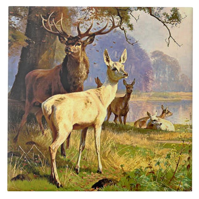 Red And White Deer Near A Forest Pond Ceramic Tile (Front)