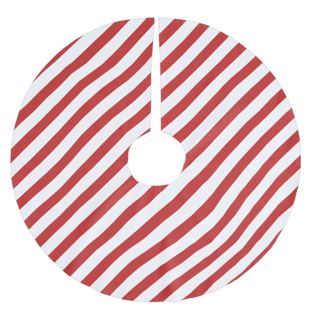 Red and White Diagonal Stripe Pattern Brushed Polyester Tree Skirt (Front)