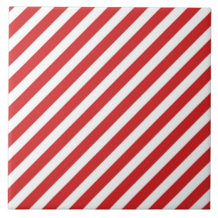 Red and White Diagonal Stripes Ceramic Tile