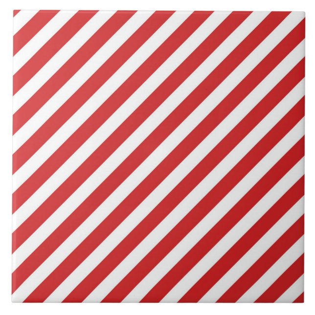 Red and White Diagonal Stripes Ceramic Tile (Front)