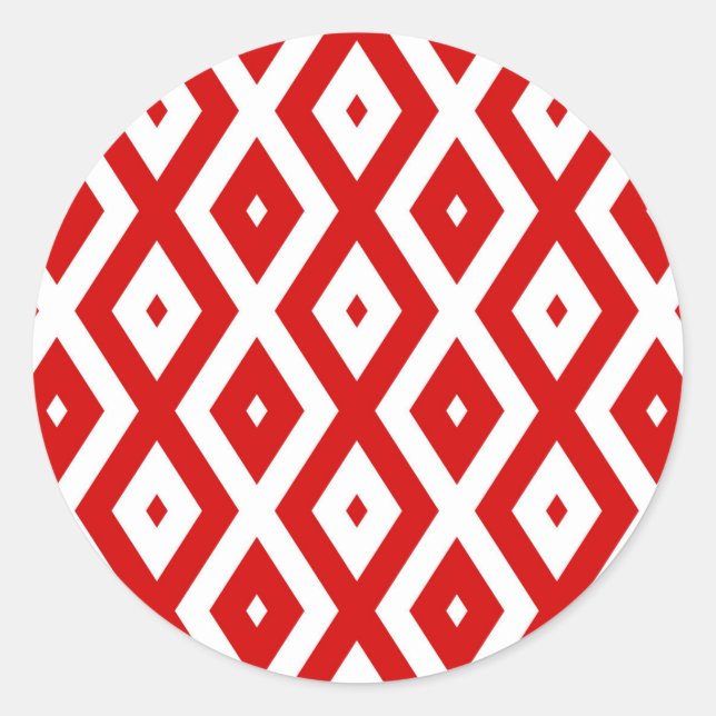 Red and white diamond pattern classic round sticker (Front)