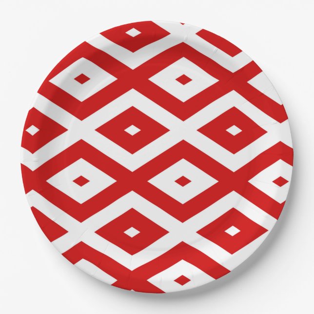 Red and white diamond pattern paper plate (Front)