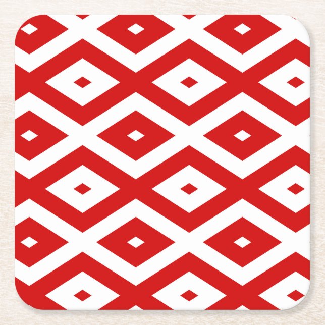 Red and white diamond pattern square paper coaster (Front)