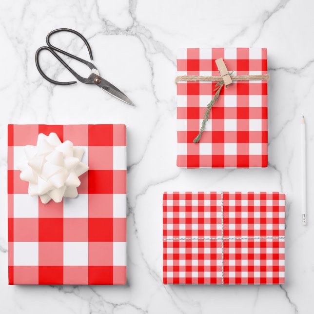 Red and White Different Sizes Gingham Checks Wrapping Paper Sheet (Front)