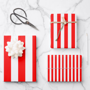 Red and White Different Sizes Vertical Stripes Wrapping Paper Sheet