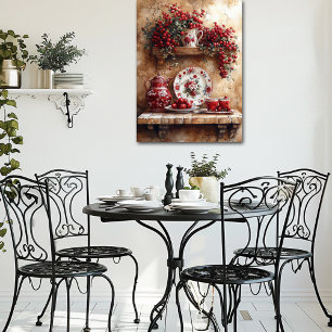 Red and White Dishes,Coffee Pot Country Shelf Poster