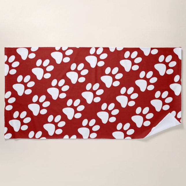 Red And White Dog Paw Print Pattern Beach Towel (Front)