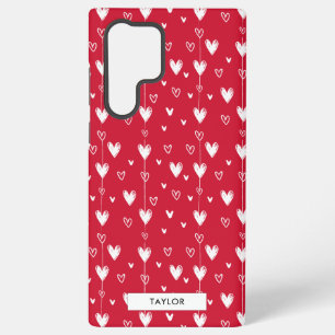 Red and White Doodle Heart Pattern Monogram Name  Samsung Galaxy Case