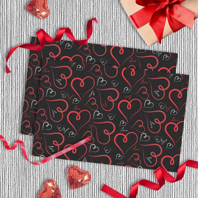 Red and White Doodle Hearts Love Script On Black  Tissue Paper (Creator Uploaded)