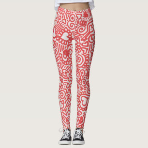 Red And White Doodle Pattern Leggings