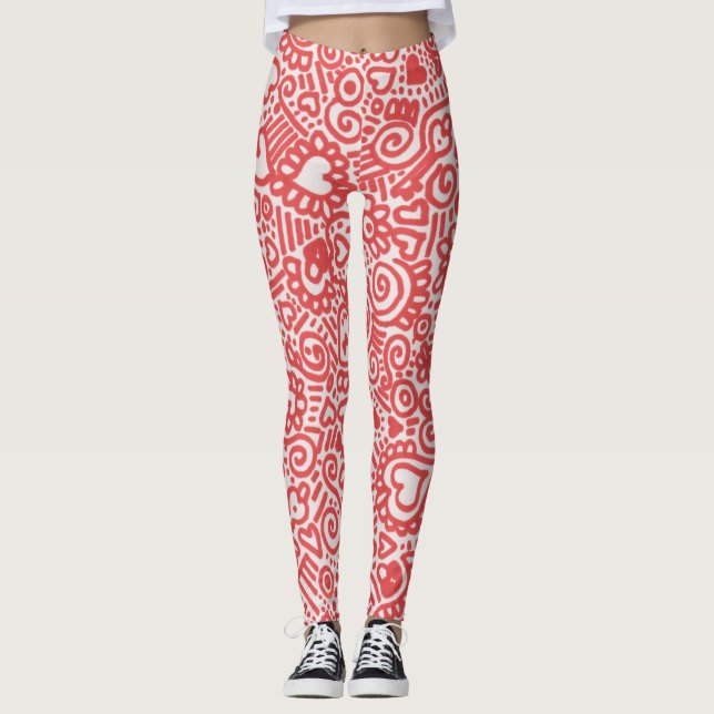 Red And White Doodle Pattern Leggings (Front)