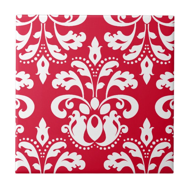 Red and white elegant Christmas damask Ceramic Tile (Front)