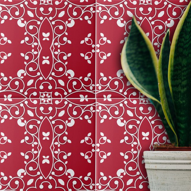 Red and White Elegant Classic Baroque Pattern Ceramic Tile (Creator Uploaded)