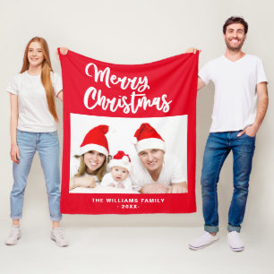 Red And White Family Photo Name Merry Christmas Fleece Blanket
