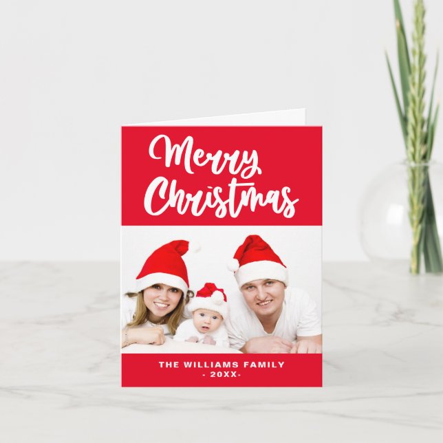 Red And White Family Photo Name Merry Christmas Holiday Card (Front)