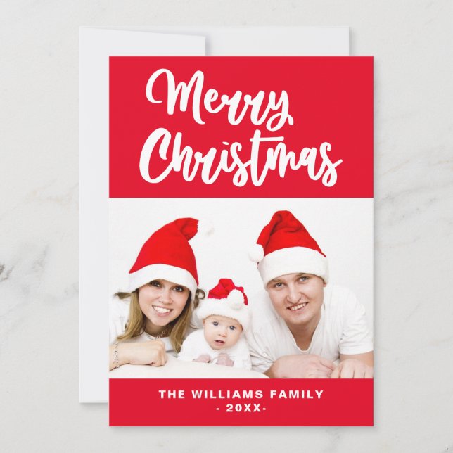 Red And White Family Photo Name Merry Christmas Holiday Card (Front)