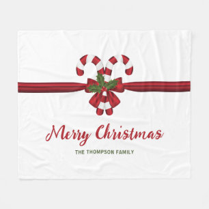 Red And White Festive Candy Canes Bow And Text Fleece Blanket