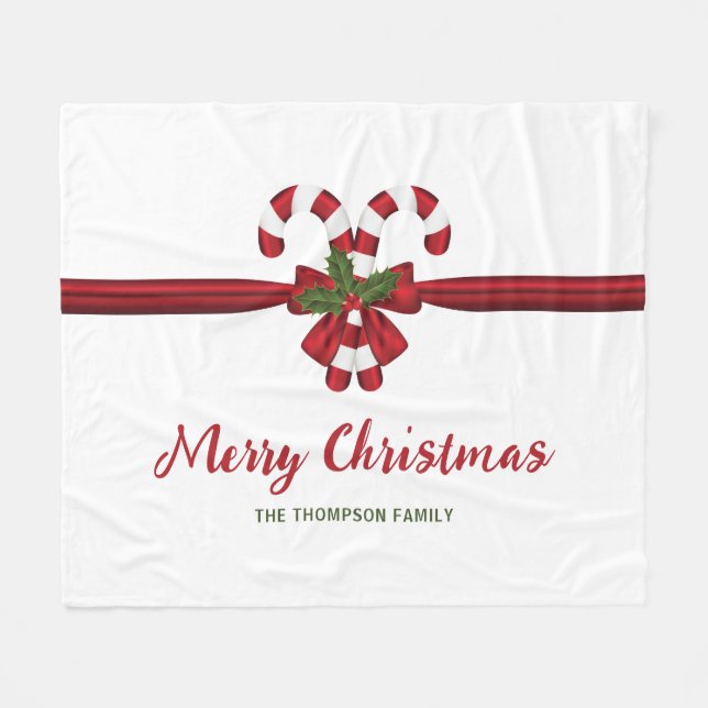 Red And White Festive Candy Canes Bow And Text Fleece Blanket (Front (Horizontal))