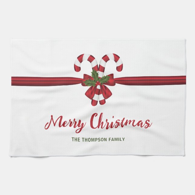 Red And White Festive Candy Canes Bow And Text Tea Towel (Horizontal)