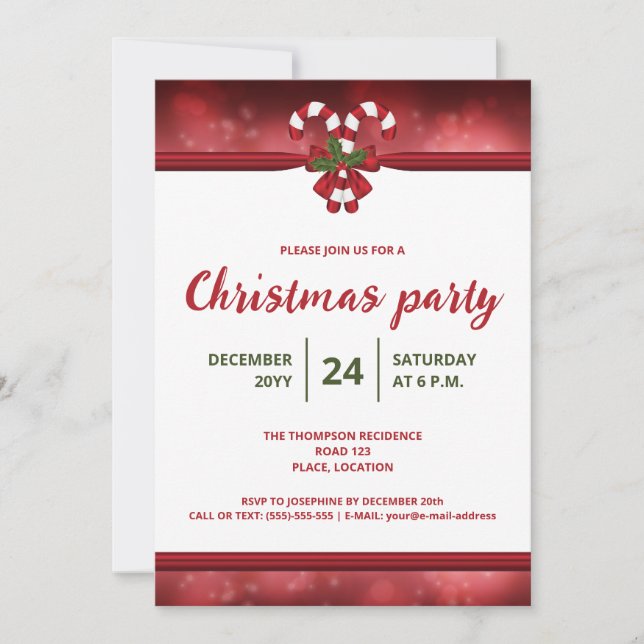 Red And White Festive Candy Canes Christmas Party Invitation (Front)
