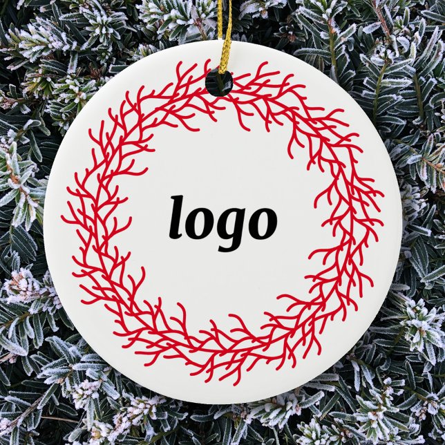 Red and White Festive Wreath Logo Business Ceramic Ornament (Logo wreath business promotional ceramic holiday ornament)