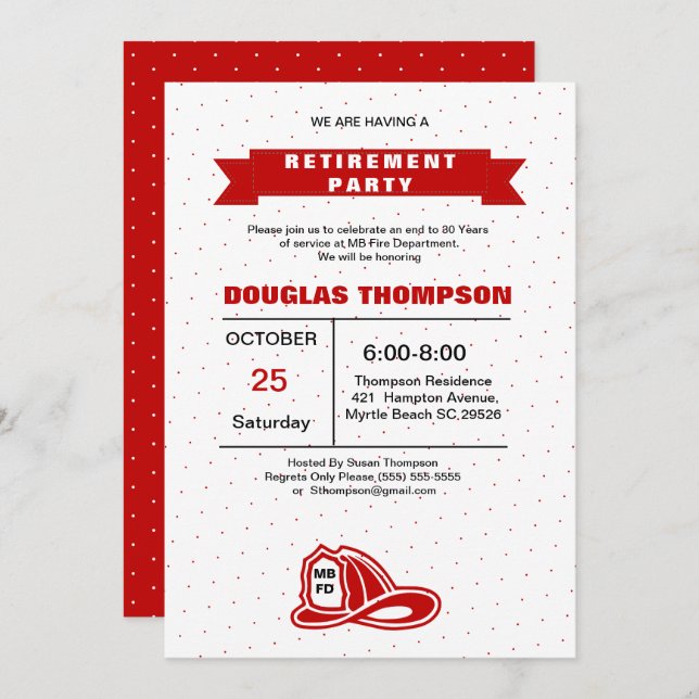 Red and White Firefighter Retirement Invitation (Front/Back)