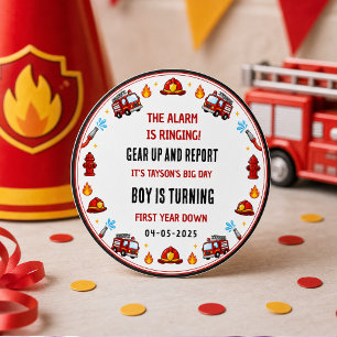 Red and White Firetruck 1st Birthday Party Classic Round Sticker