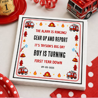 Red and White Firetruck 1st Birthday Party Napkin
