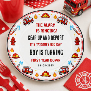 Red and White Firetruck 1st Birthday Party Paper Plate