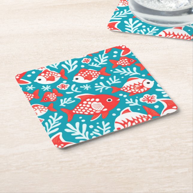 Red and white fish pattern blue square paper coaster (Angled)
