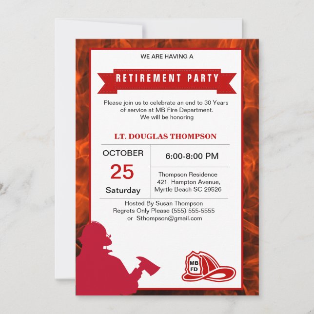 Red and White Flames Firefighter Retirement     Invitation (Front)