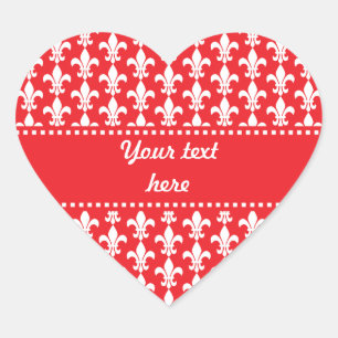 Red and White Fleur de Lis Pattern Heart Sticker