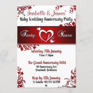 Red And White Floral 40th Anniversary Invitations