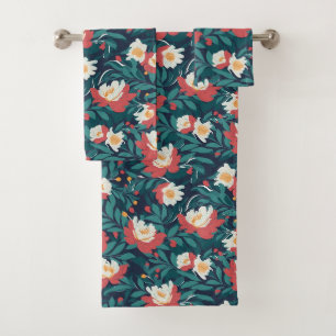 Red and White Floral Bath Towel Set
