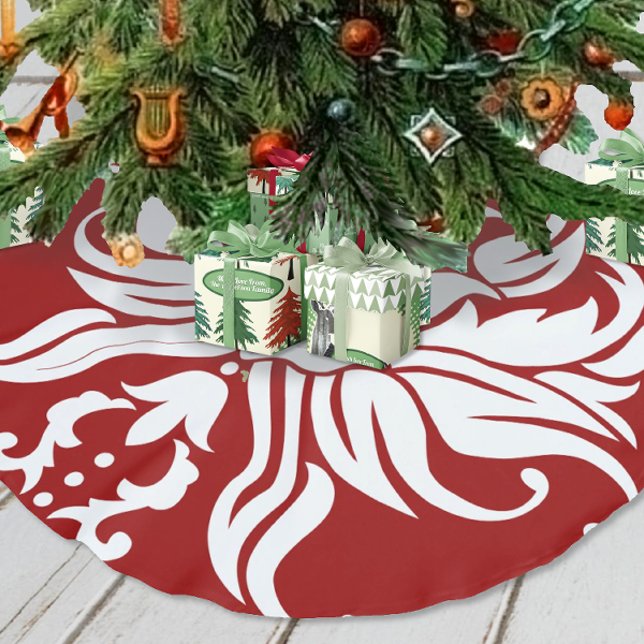 Red and White Floral Damask Merry Christmas Brushed Polyester Tree Skirt (Creator Uploaded)